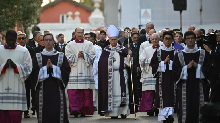 Pope Leo XIV attends a penitential procession outside the Church of Saint Anselm on the Aventine Hill in Rome before a holy mass on Ash Wednesday at the Basilica of Saint Sabina, on February 18, 2026. Andreas SOLARO / AFP