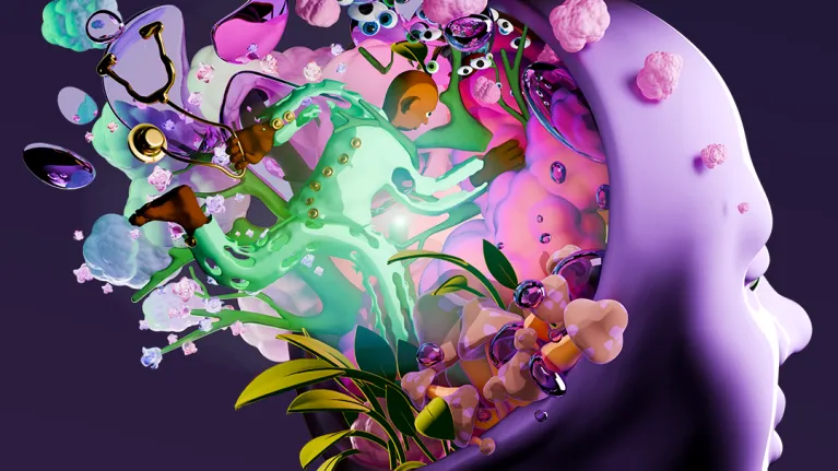 Visual van een paars hoofd met rennend groene man