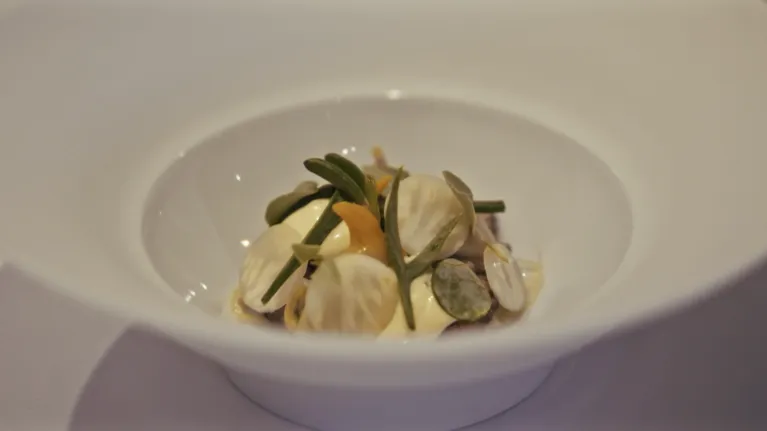 Bord met culinair gerecht met kokkels en lam