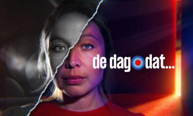 Vrouw met breuklijn en titel 'De dag dat'