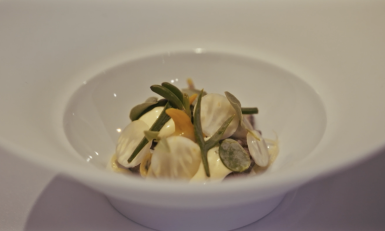 Bord met culinair gerecht met kokkels en lam