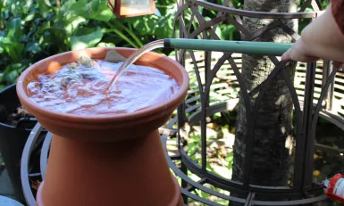 Er wordt water in een vogelbadje gegoten