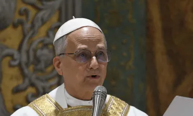 This photo taken and handout on May 9, 2025 by The Vatican Media shows Pope Leo XIV during a mass with cardinals in the Sistine Chapel in The Vatican. Handout / VATICAN MEDIA 